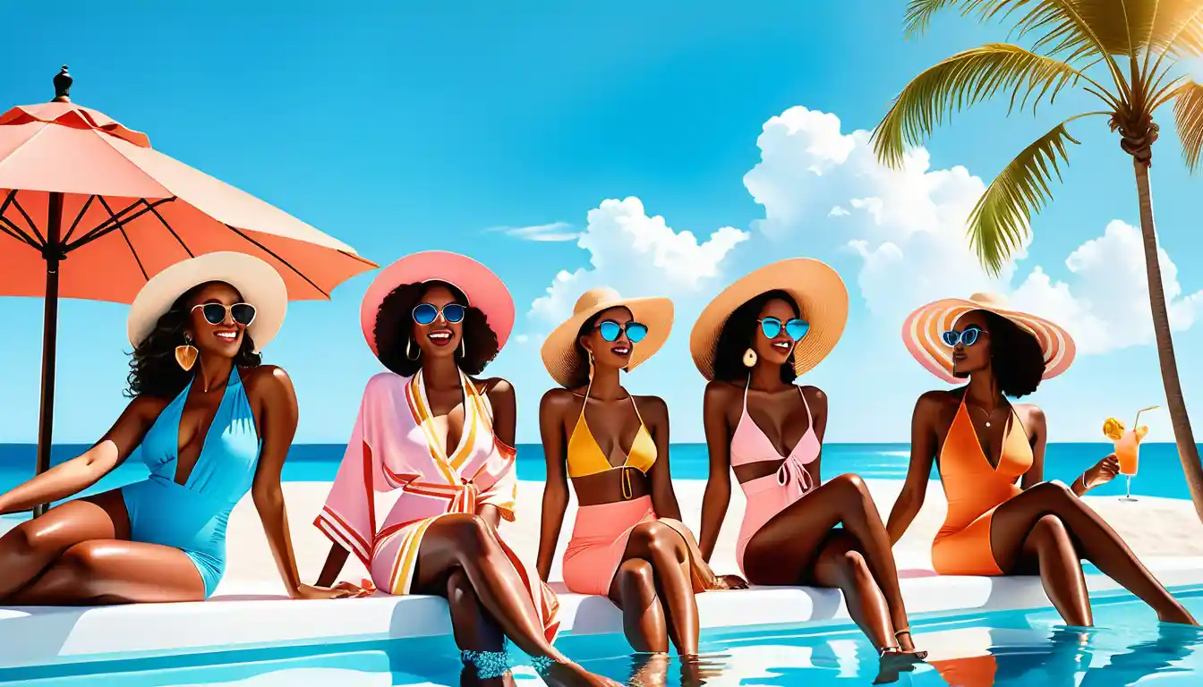 Stilvolle schwarze Frauen entspannen in einem luxuriösen Poolresort