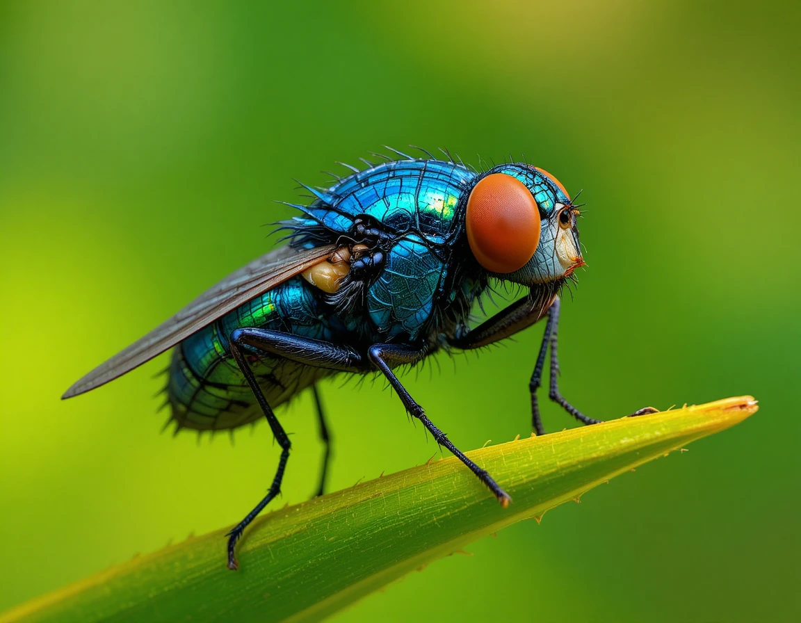 Metallic blue fly on green leaf in macro close up