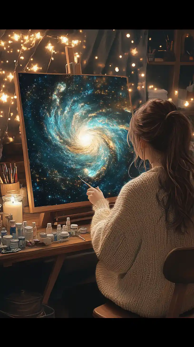 Anime woman painting a glowing galaxy canvas at night