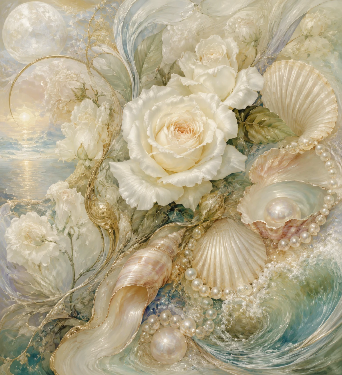 White rose mood board with shells and pearls in art nouveau