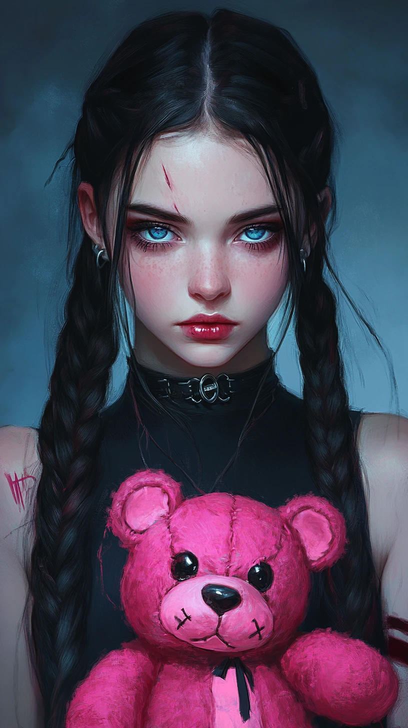 Gothic anime girl holding a distressed pink teddy bear