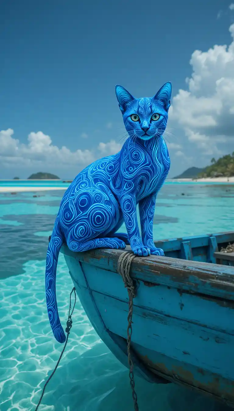 Surreal blue striped cat on turquoise boat above ocean