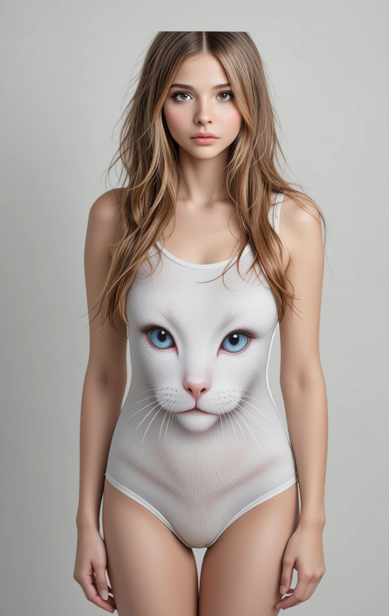 Young woman in white bodysuit with blue eyed cat print