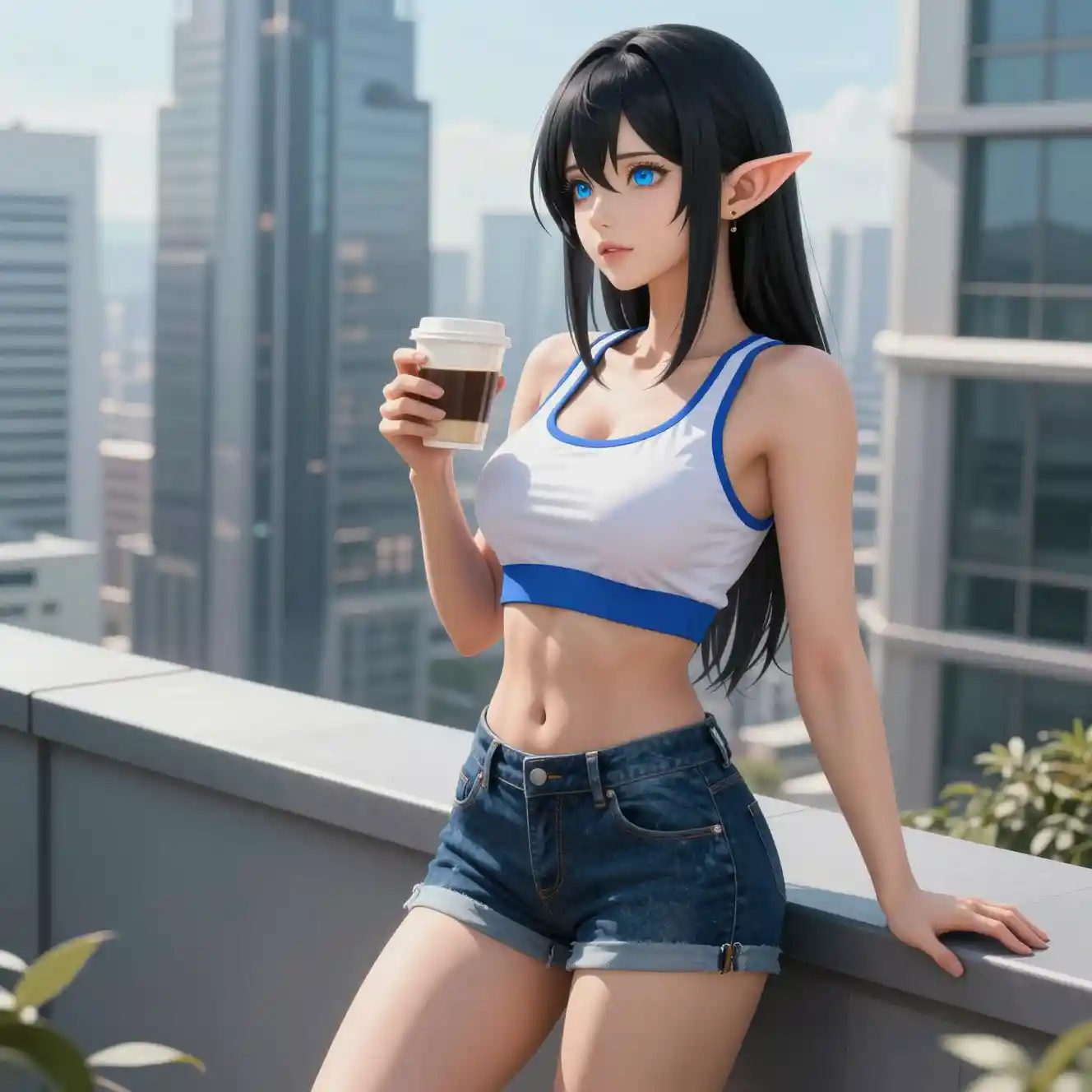 Elf woman drinking morning coffee on futuristic balcony