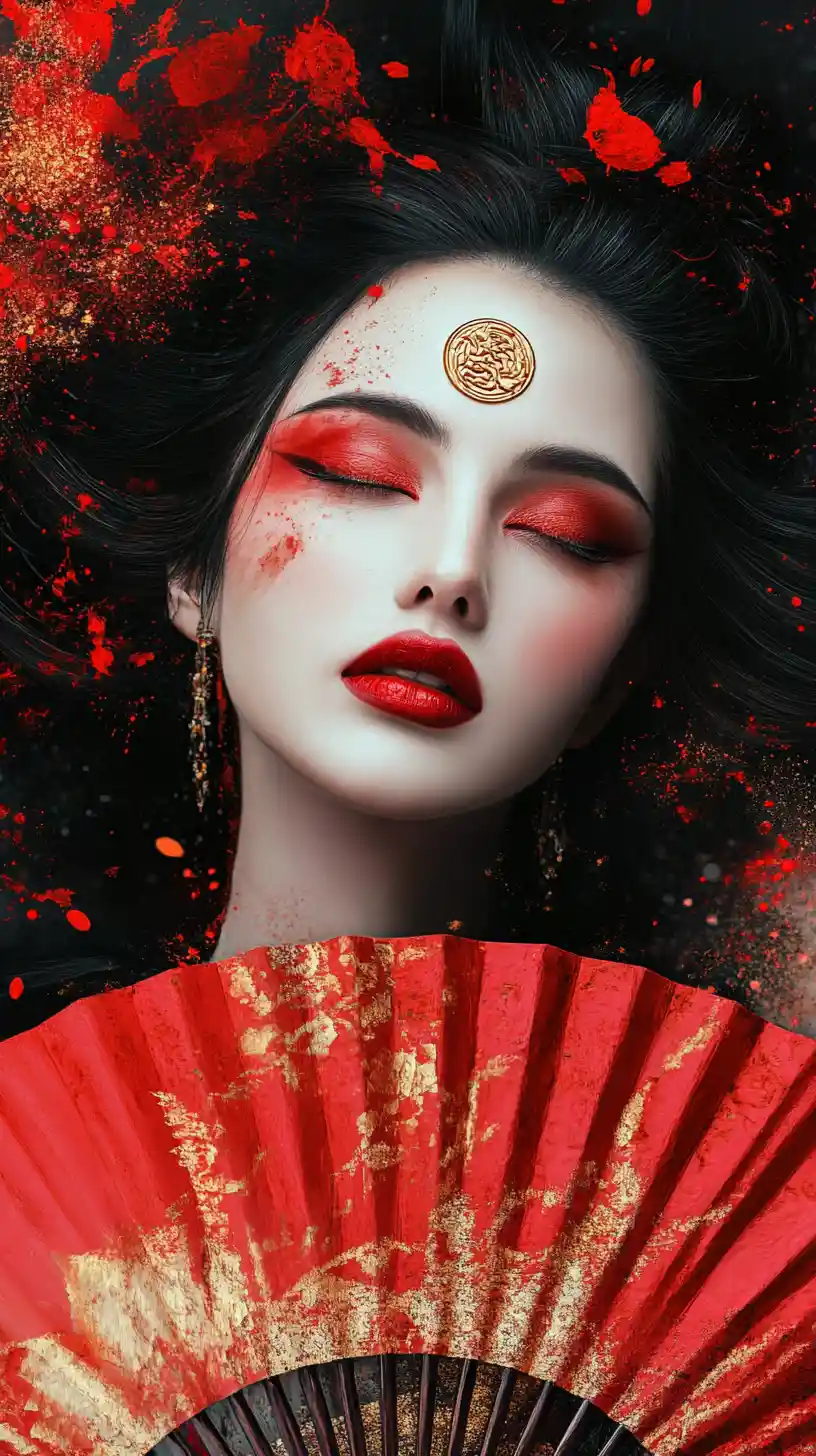 Geisha inspired portrait with red fan and golden accents