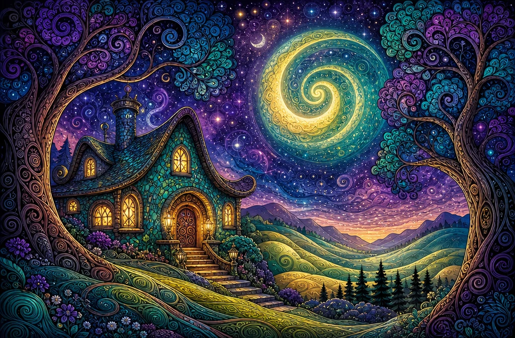 Whimsical fantasy cottage under a glowing spiral sky