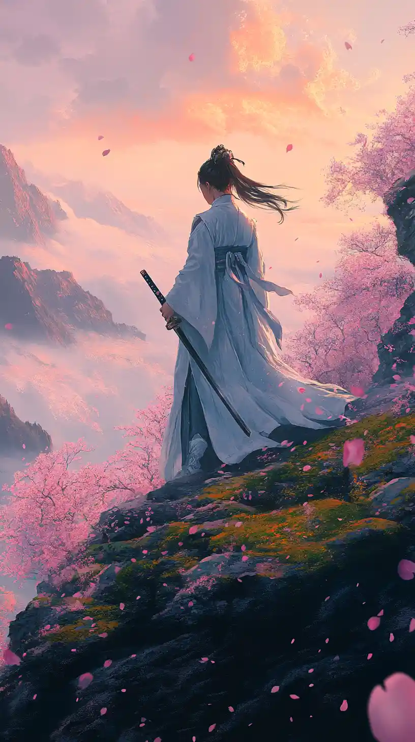 Lone female warrior on cliff at sunset with katana