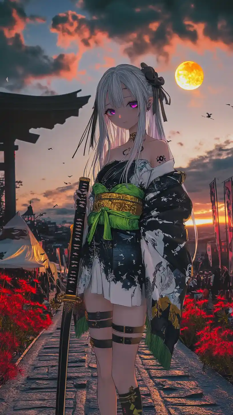 Girl with katana on rooftop market under armed drones