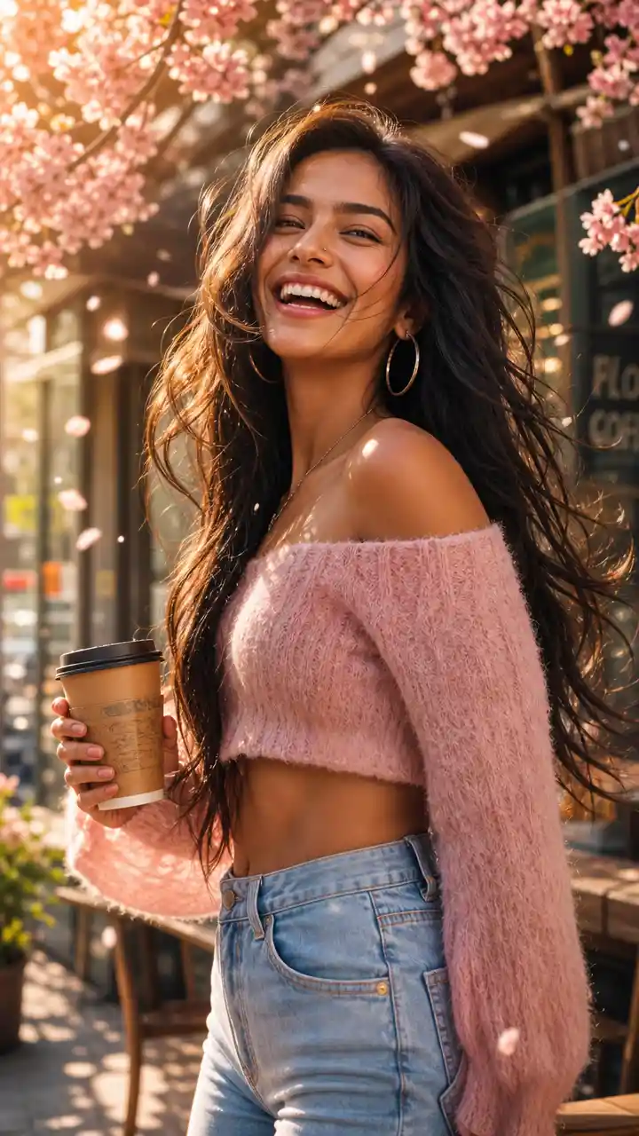 Joyful young woman laughing under pink cherry blossoms