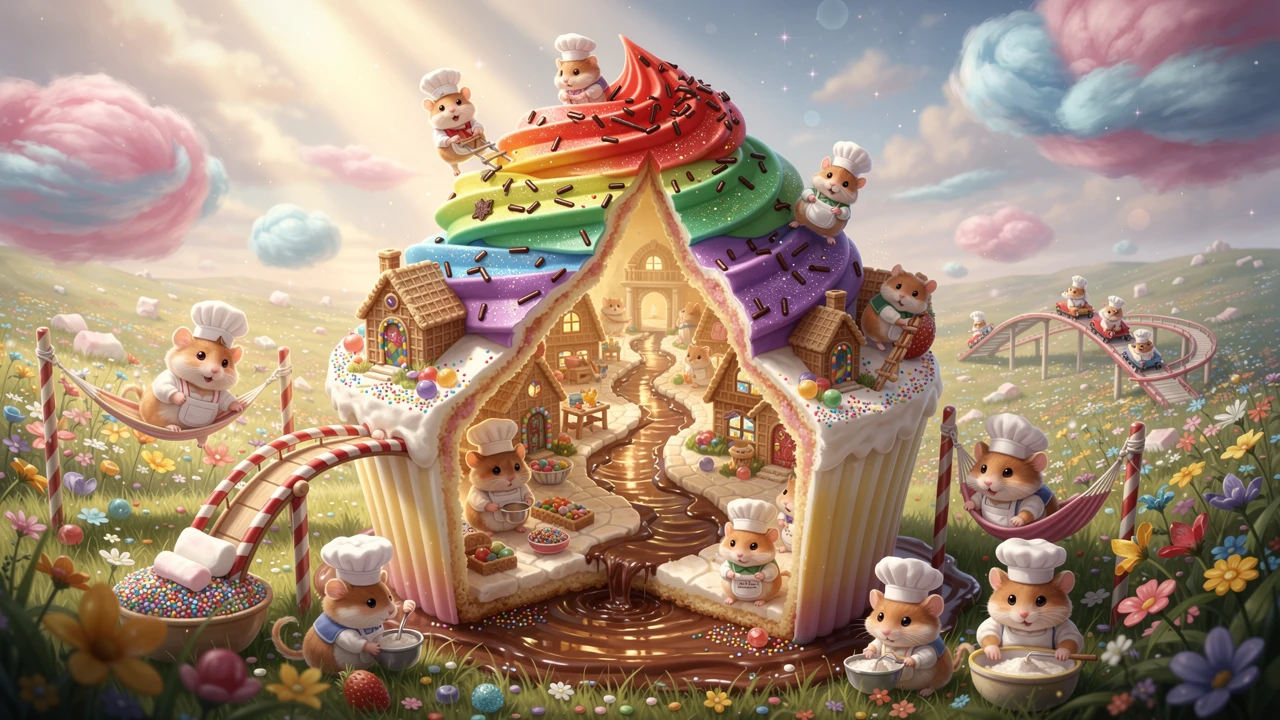 Gigantic cupcake hamster village in a sunny candy meadow