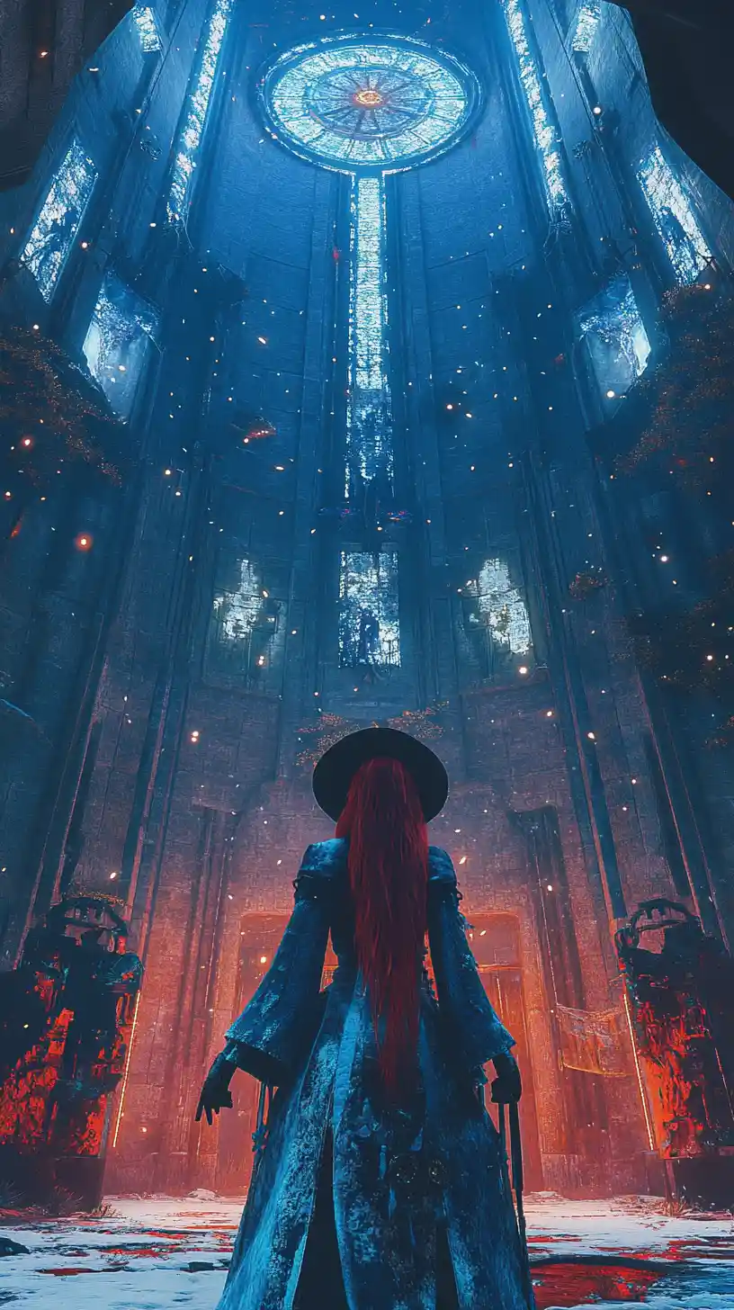 Girl with glowing sword in dim pillar filled hall