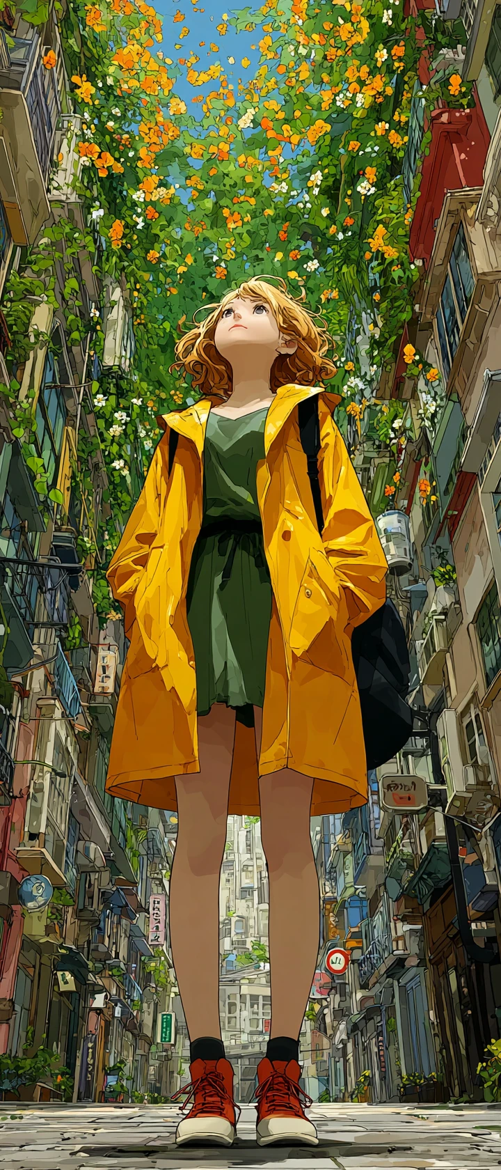 Garota de anime com capa de chuva amarela sob jardim mágico vertical