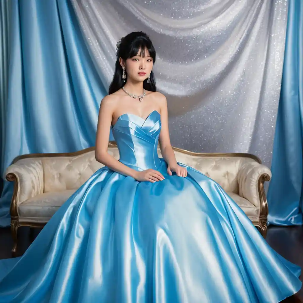 Young woman in vivid blue satin strapless ballgown