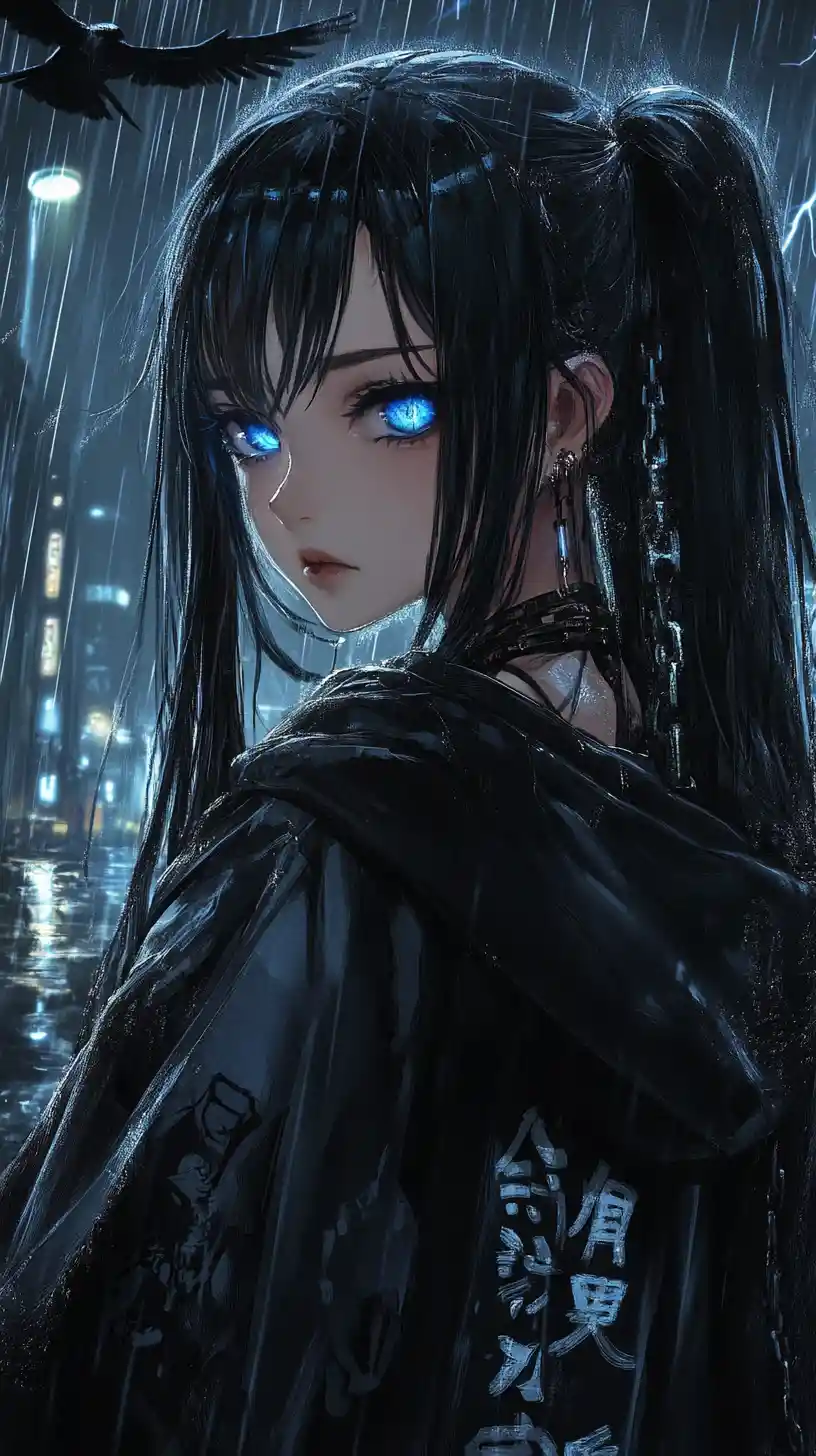 Anime girl in techwear under neon lights at night