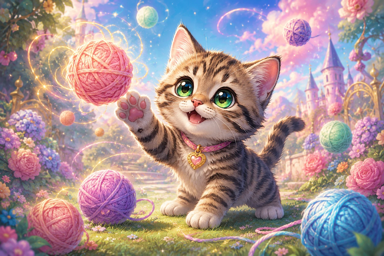 Cute cartoon tabby kitten playing with glowing yarn balls