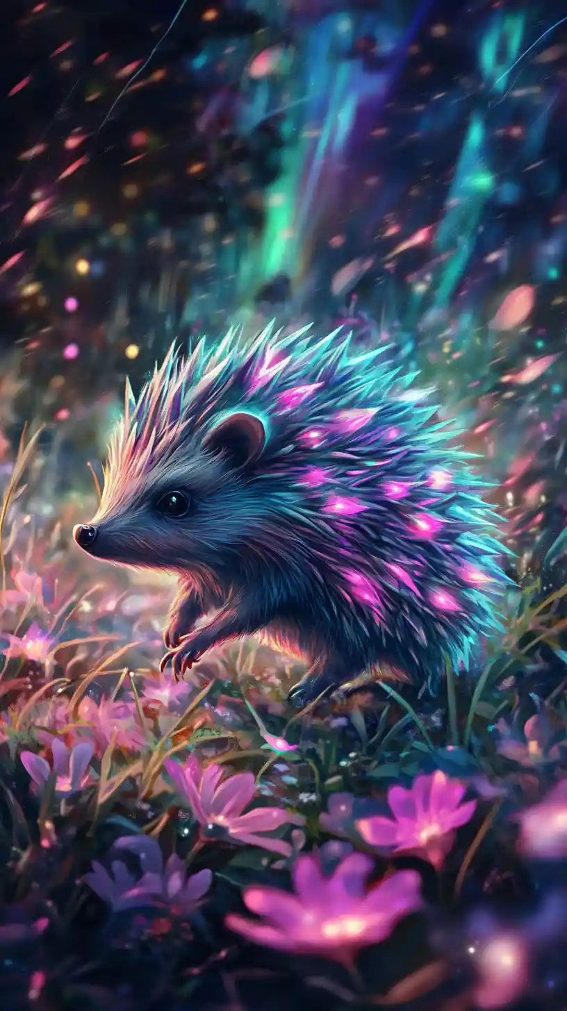 Crystal hedgehog trotting through glowing flowers and auroras