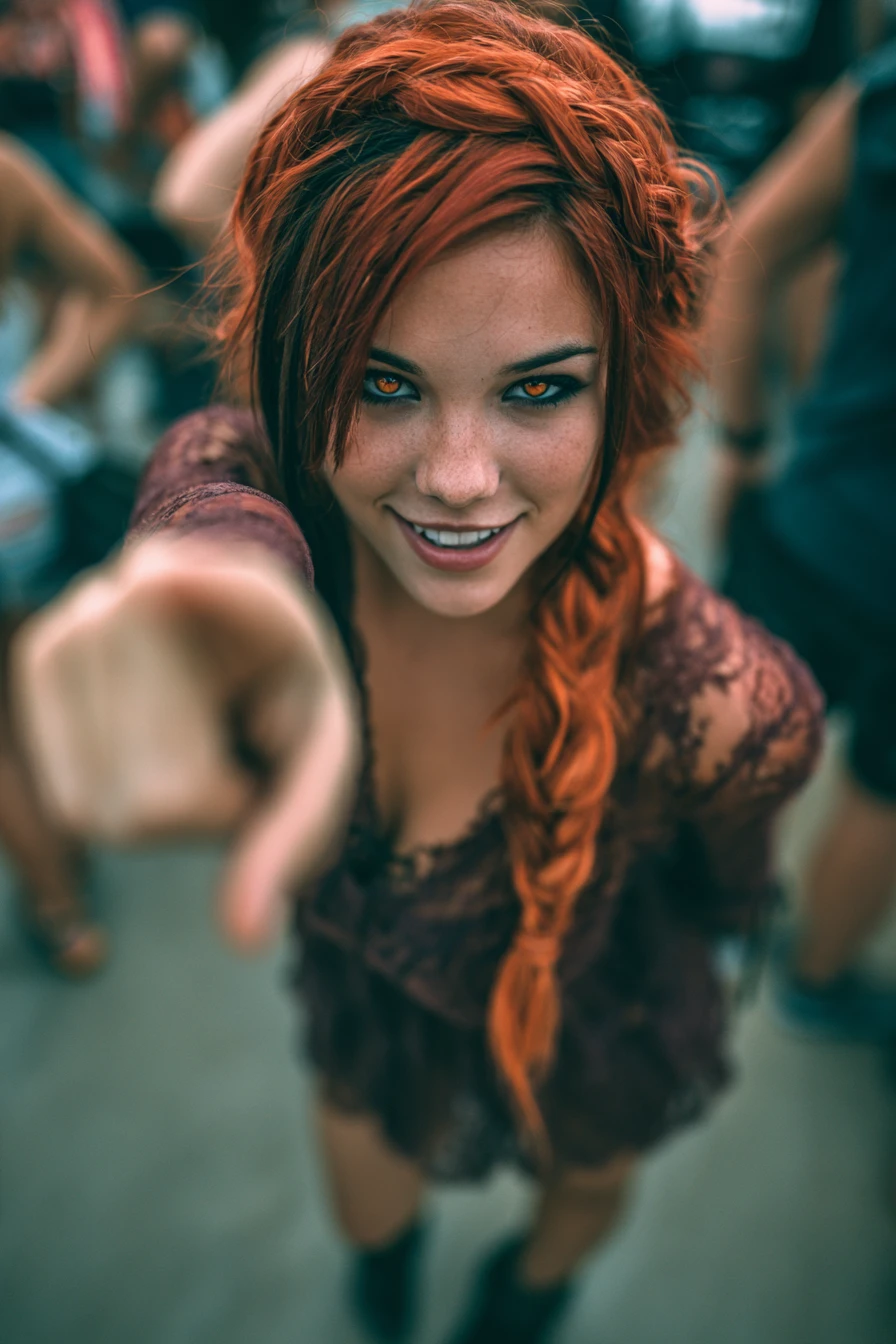 Emo gothic girl in lace dress pointing with playful grin