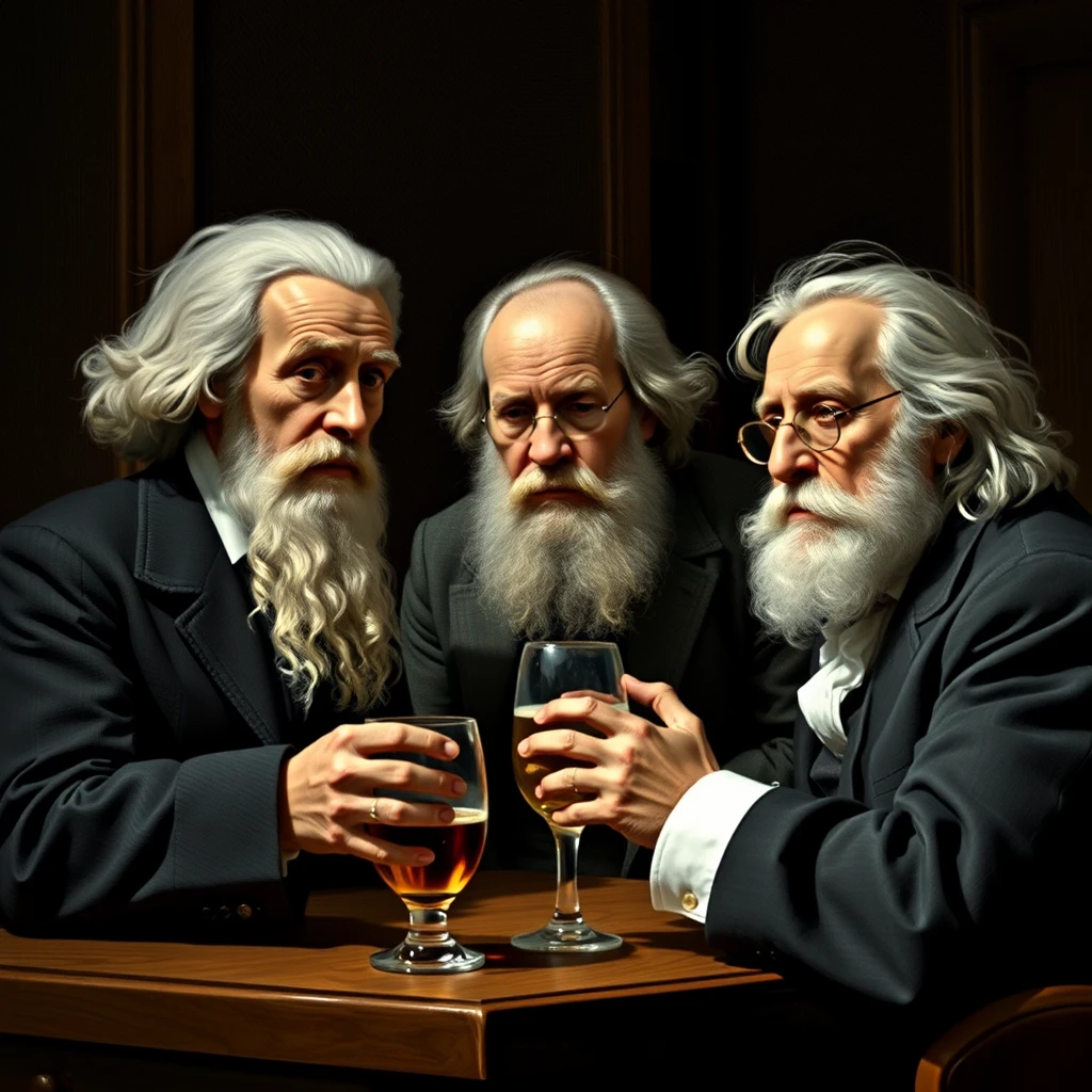 Philosopher raising a drink in a lively bar scene
