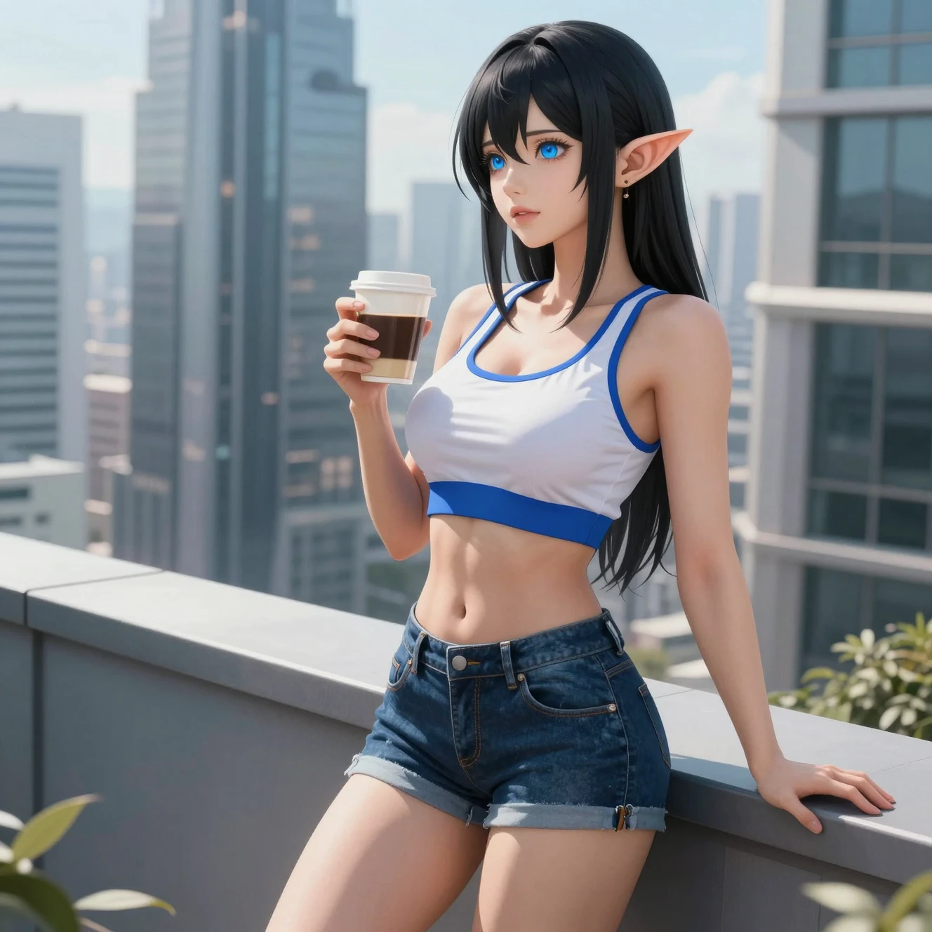 Elf woman drinking morning coffee on futuristic balcony