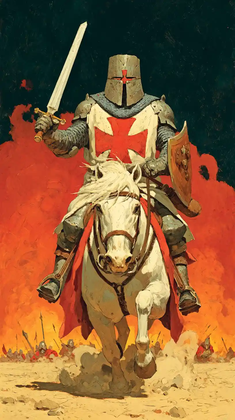 Crusader knight on rearing white horse over burning battlefield