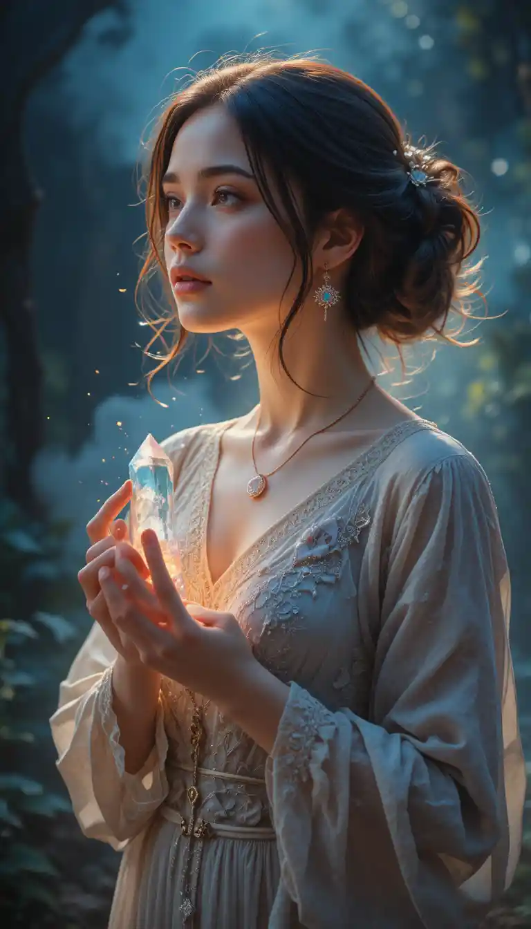 Young woman with glowing crystal gazes into the distance
