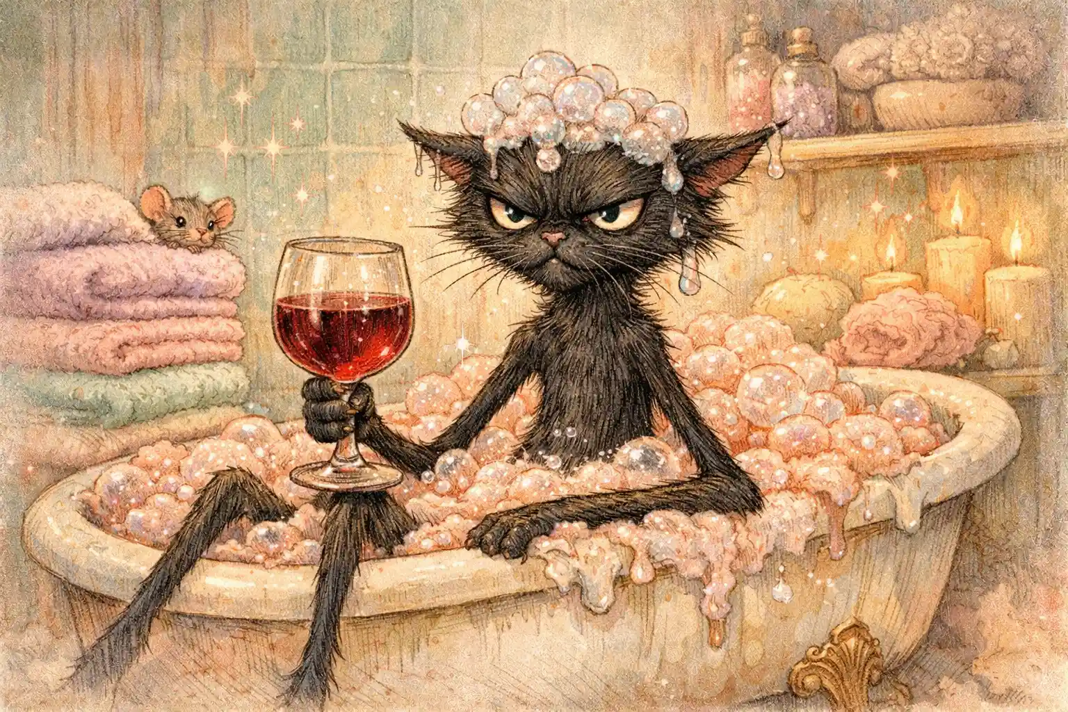 Lanky black cat in a bubble filled clawfoot bathtub