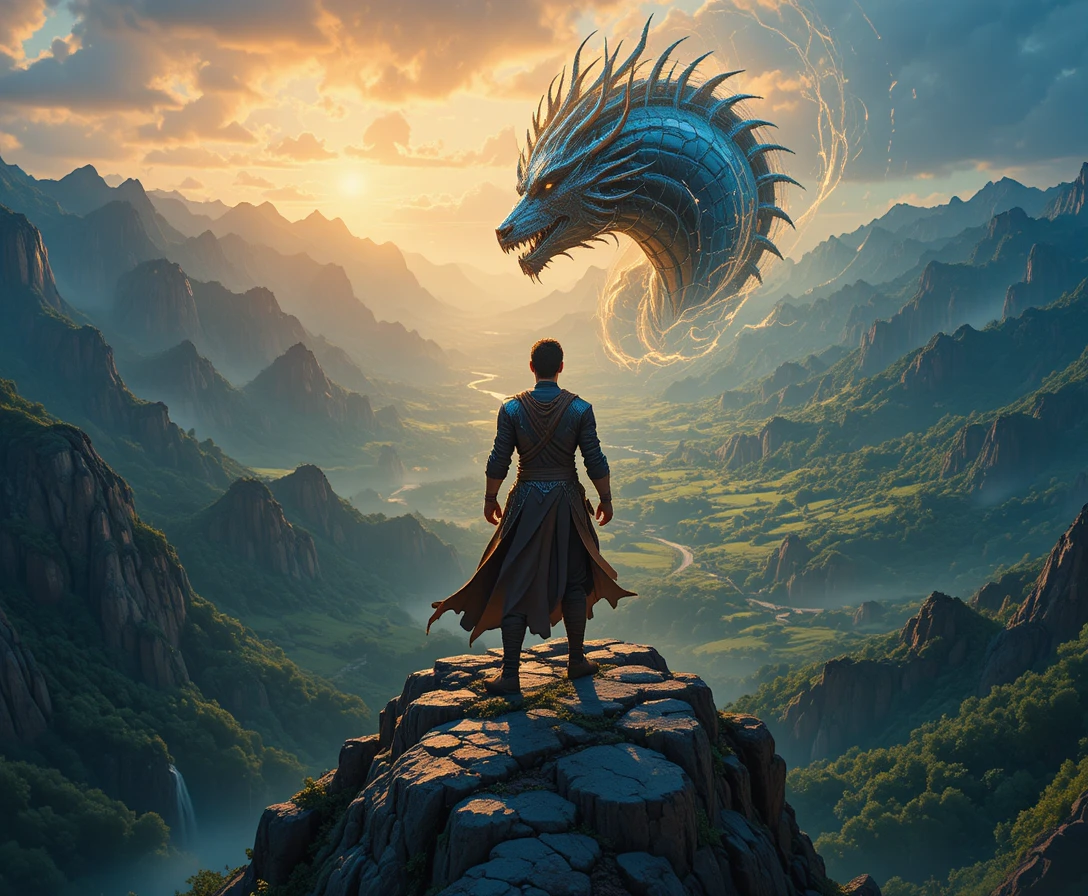 Teen hero overlooking an enchanted valley at golden hour