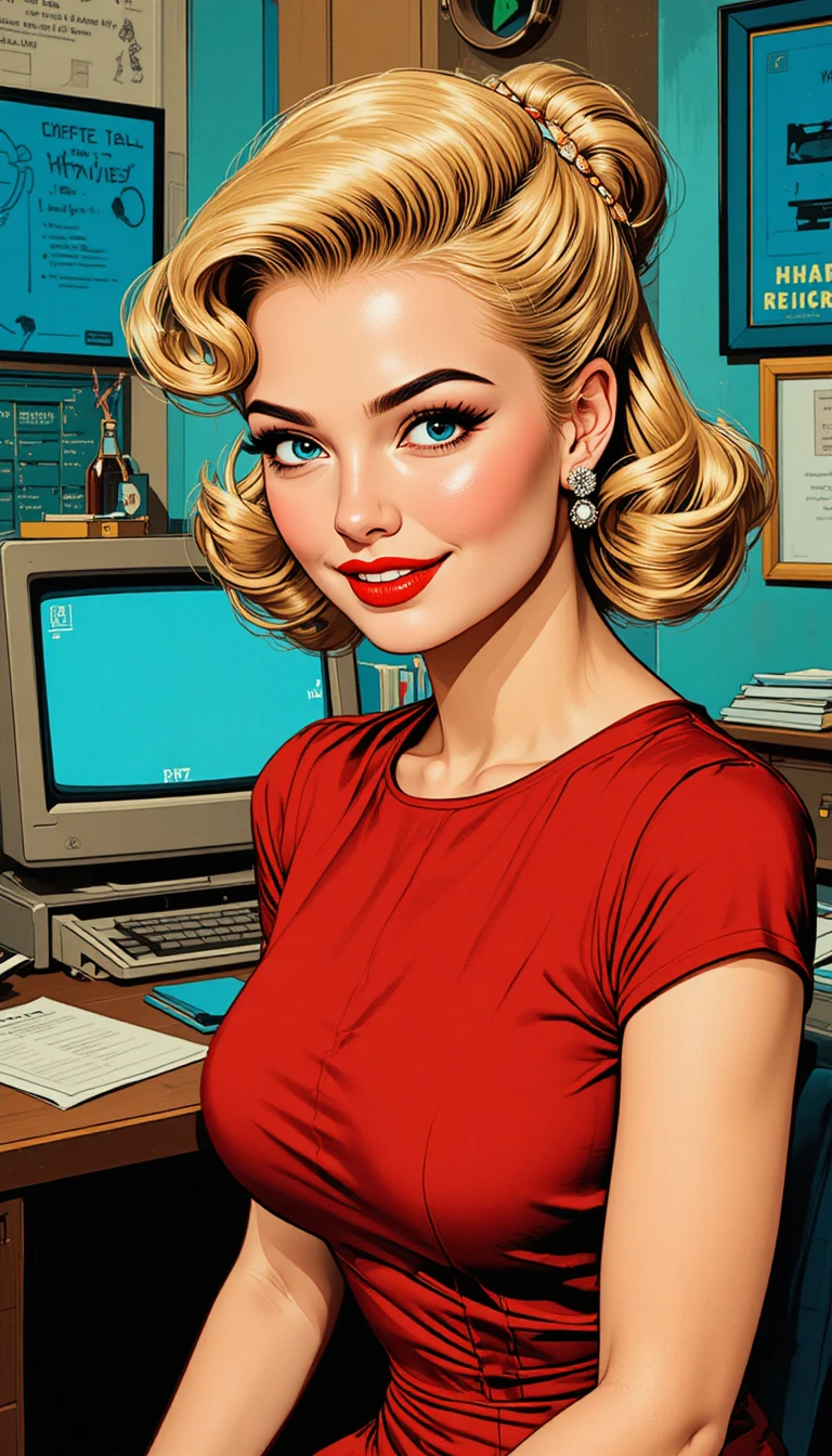 Smiling blonde woman in red dress in retro office