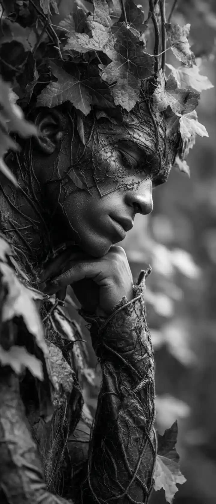 Ballerino uomo mimetizzato tra le foglie in una foresta onirica