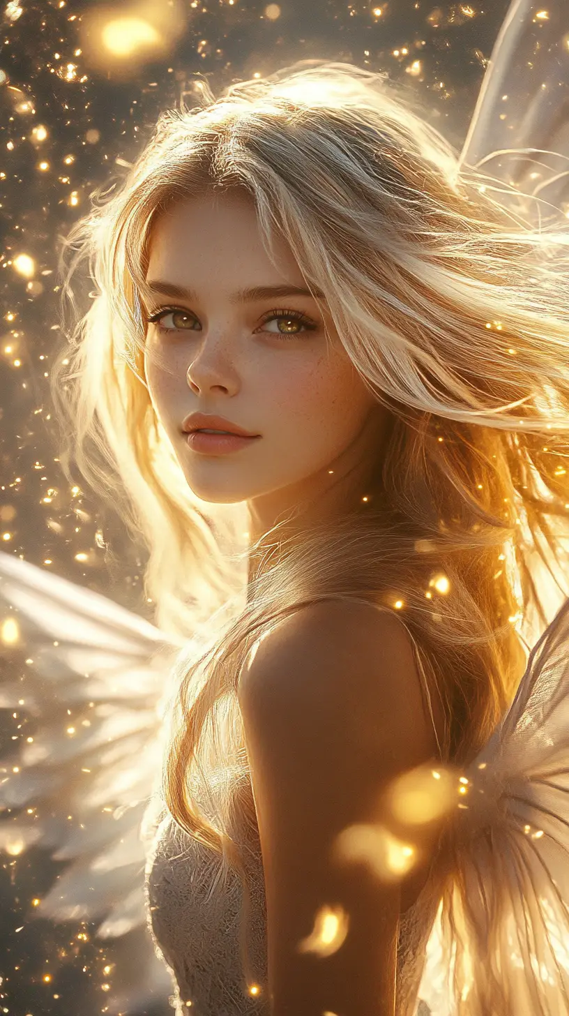 Serene angelic girl with golden wings in celestial light