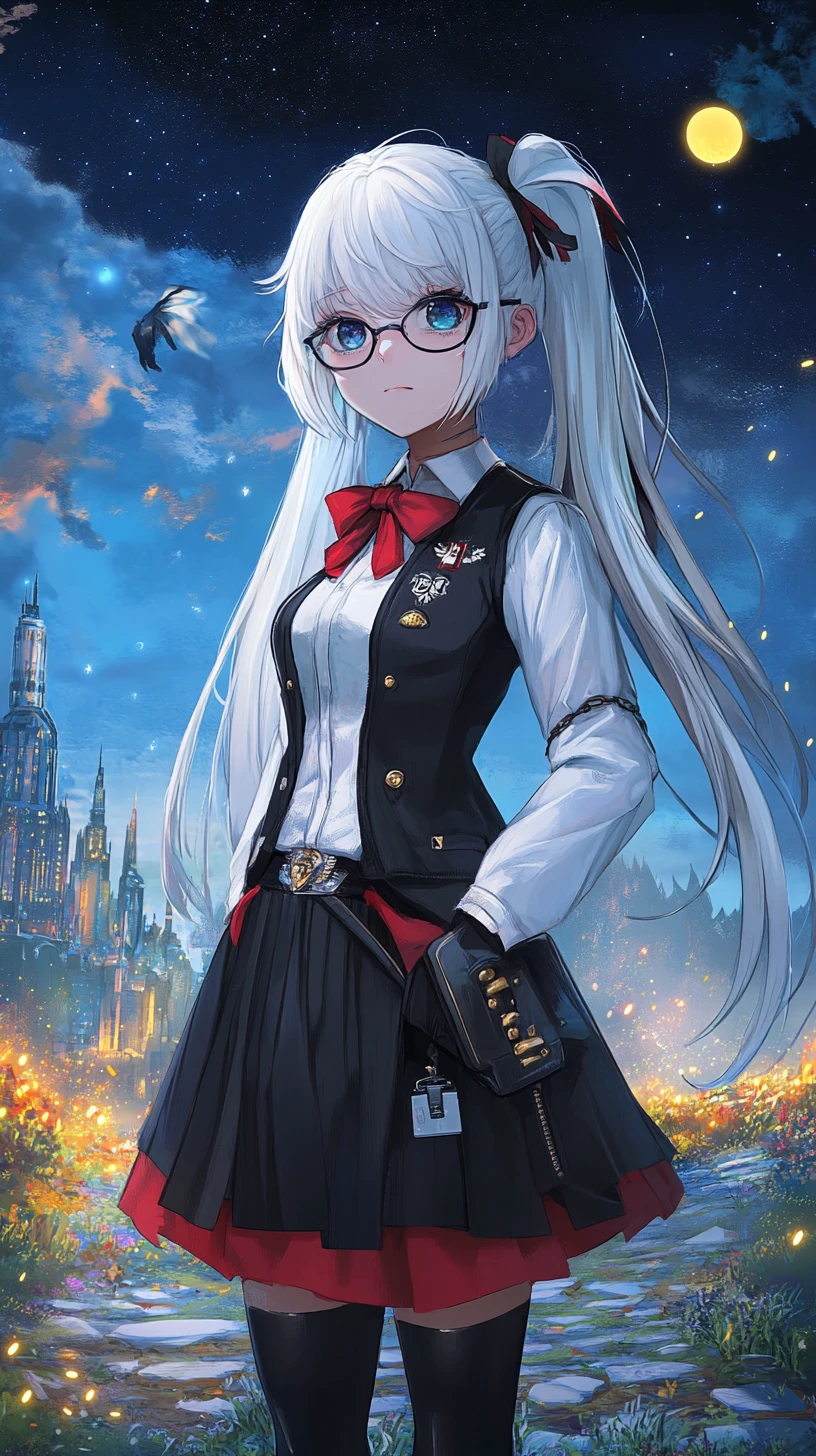 Gloomy anime girl in chess themed outfit with long silver hair