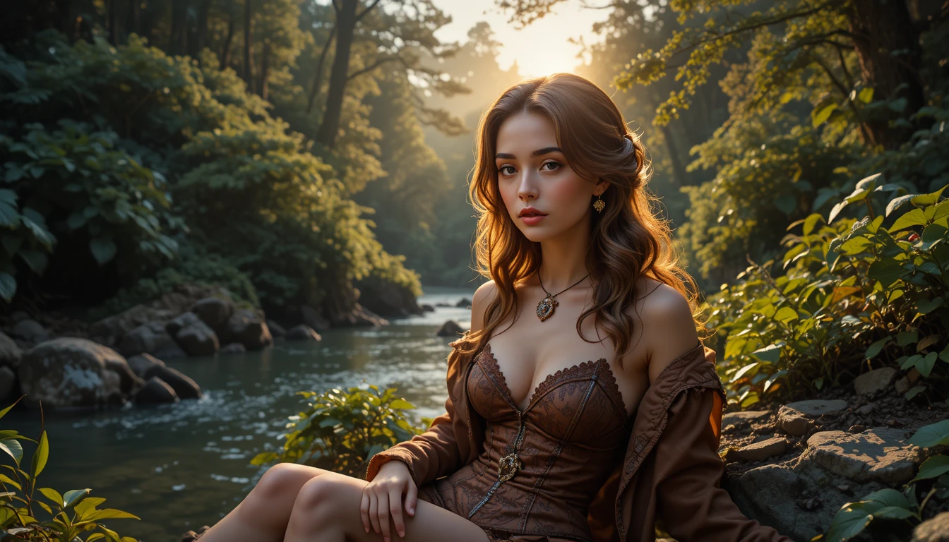Brown haired woman by a forest river at sunset