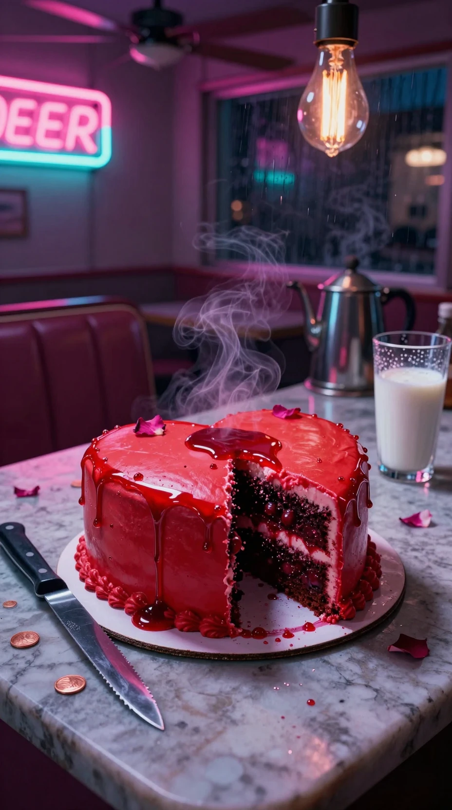 Heart shaped cake with ruby syrup on diner counter