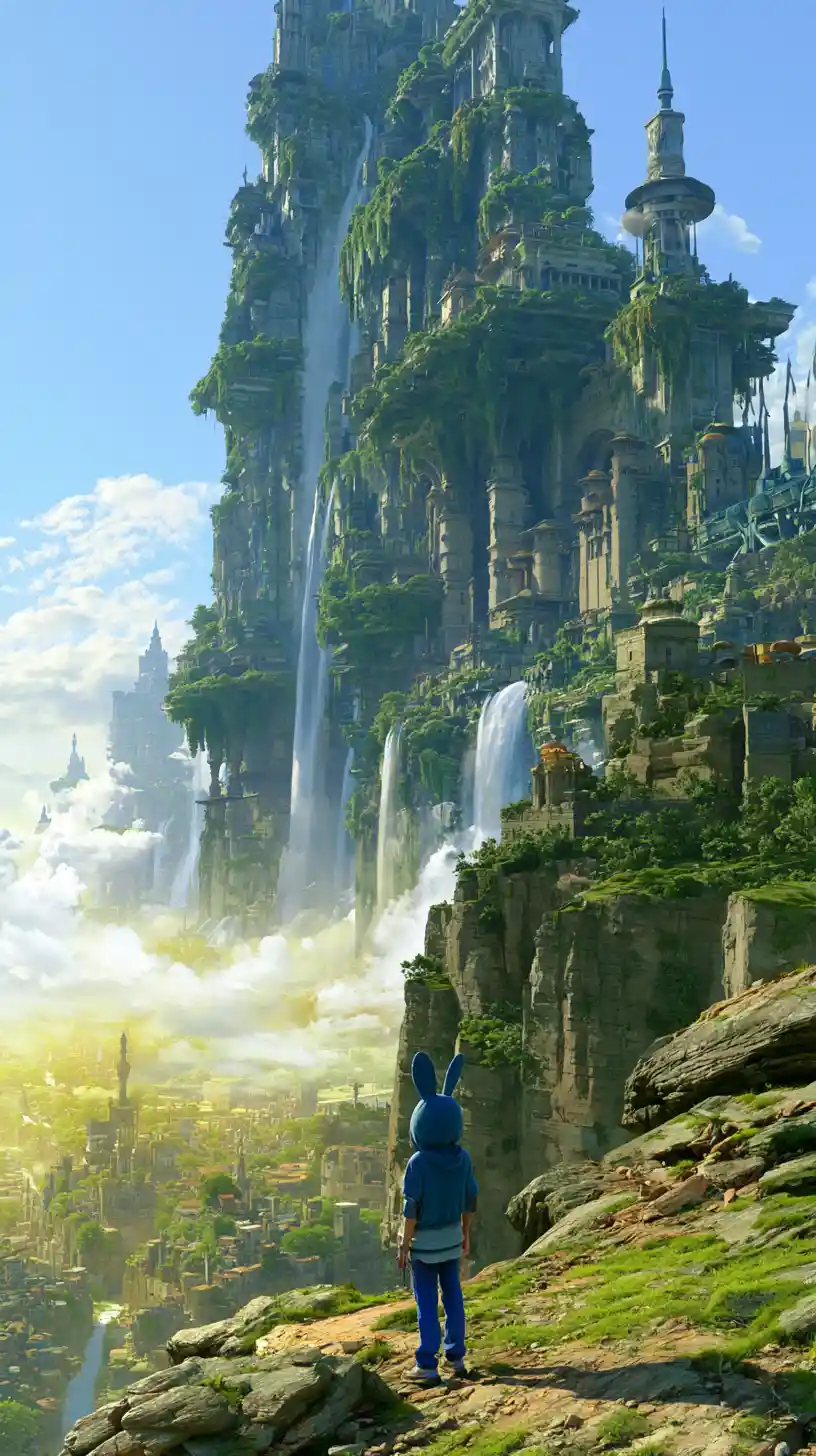 Young girl gazing up at a vast terraced fantasy city
