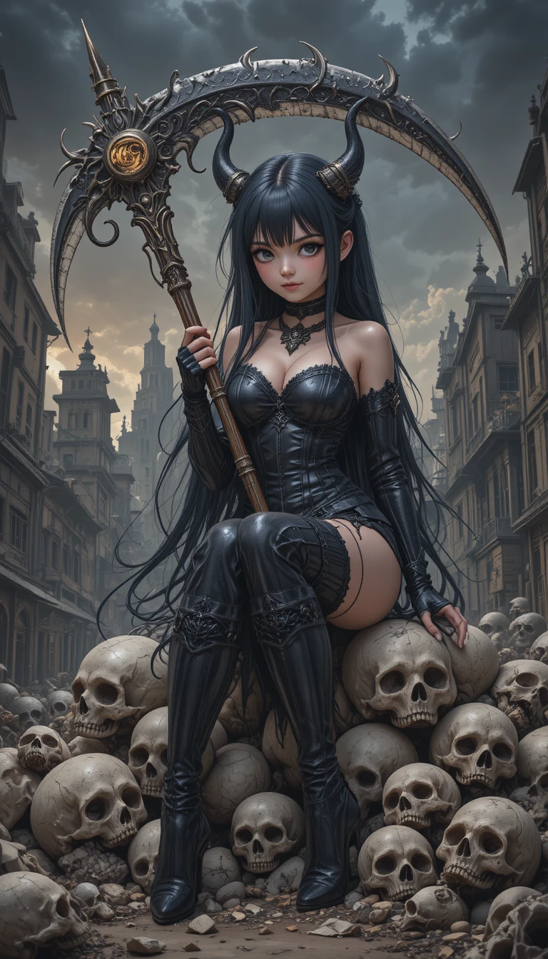 Chica demonio chibi sobre calaveras en ciudad oscura y en ruinas