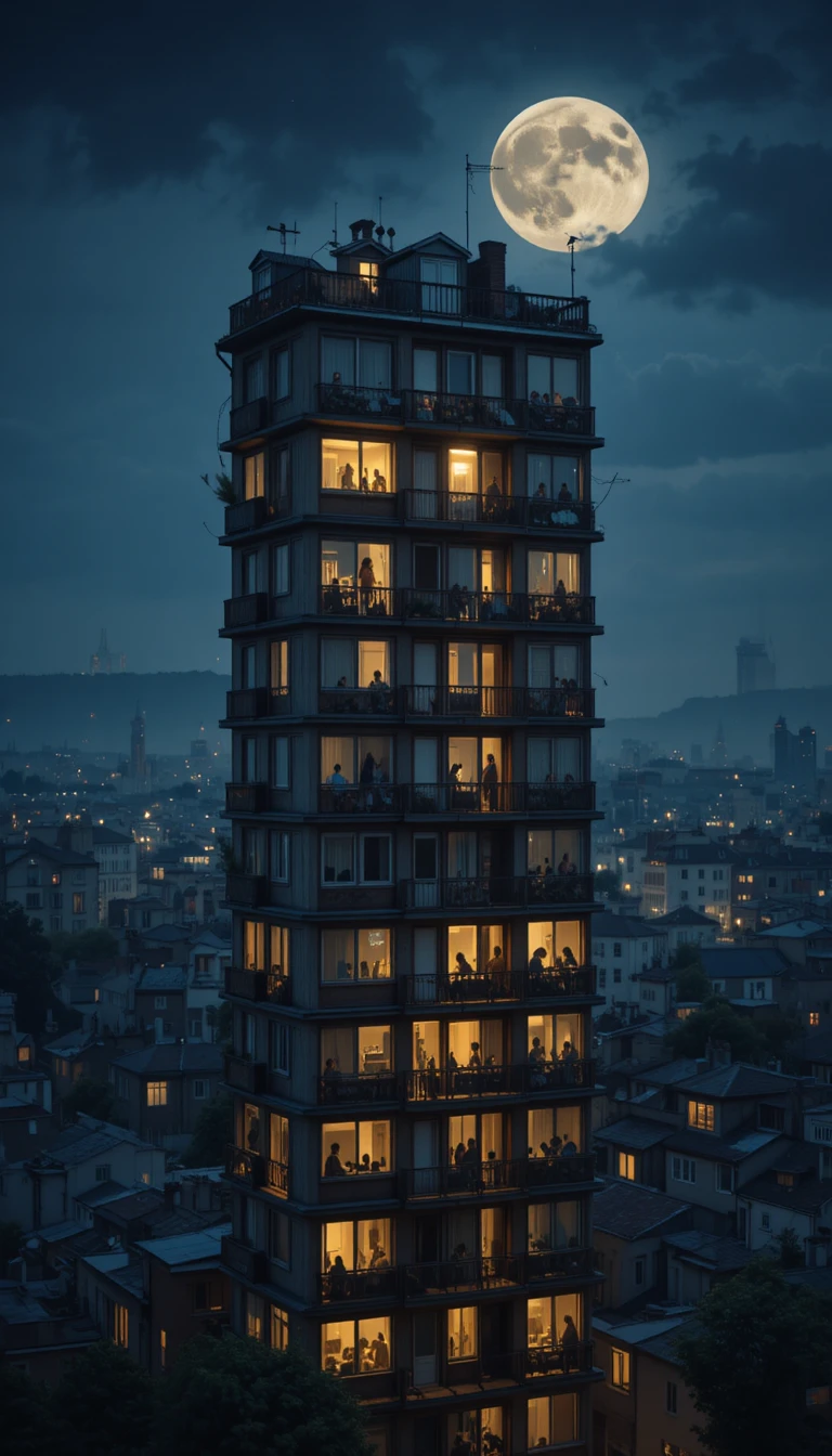 Tall city building glowing softly under a watching moon