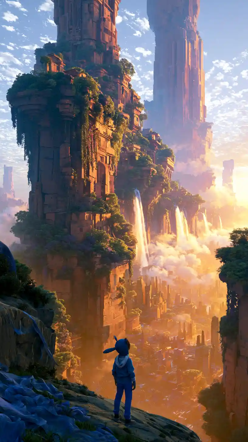 Young girl gazing up at vast terraced fantasy megacity