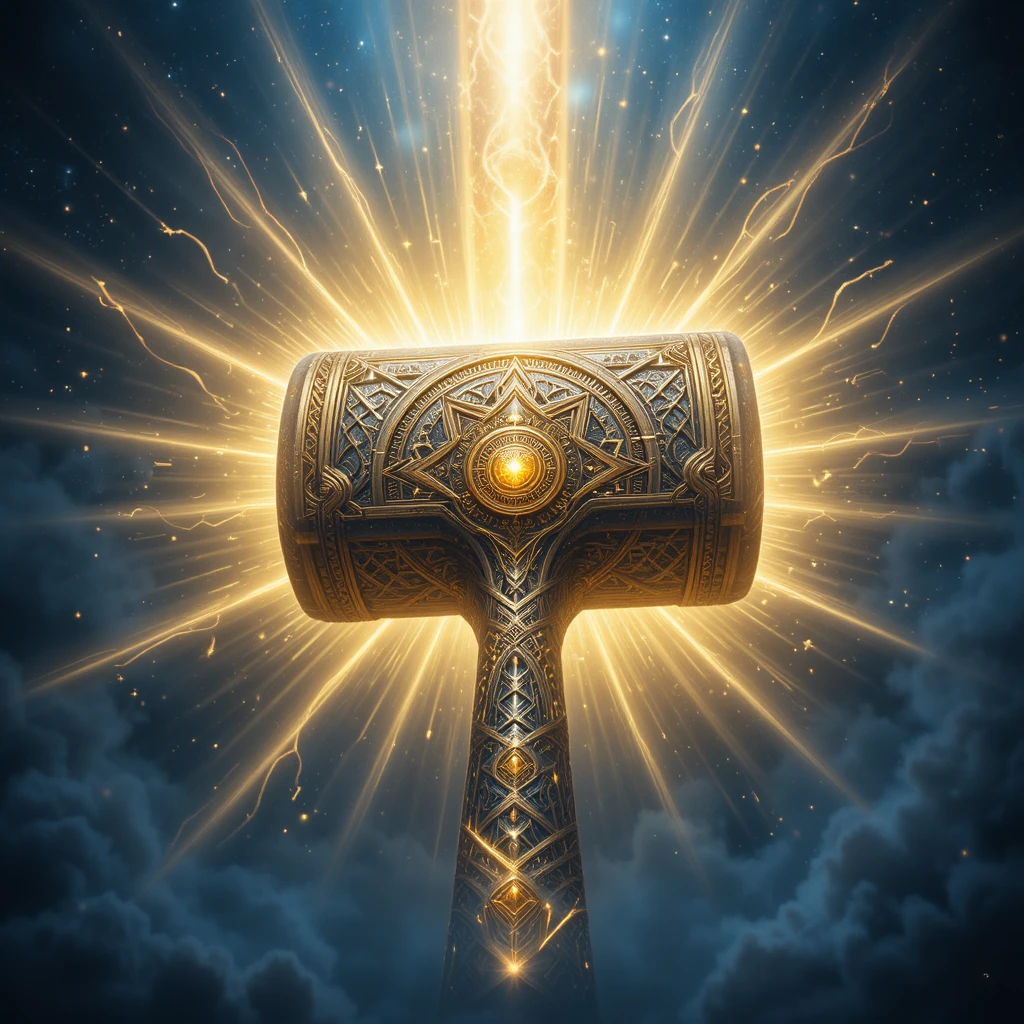 Divine hammer glowing in ethereal cosmic starlit space