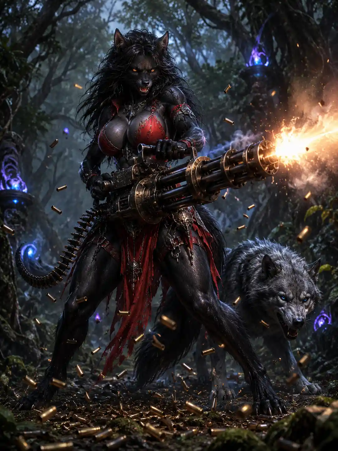 Fierce female werewolf warrior firing a steampunk chaingun