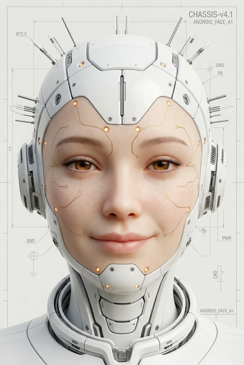 Serene android face close up on technical white background