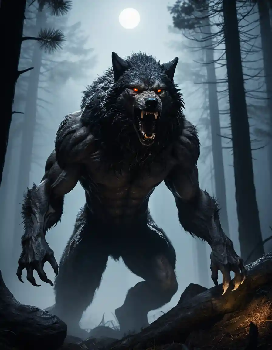 Ancient werewolf emerging from a foggy moonlit forest