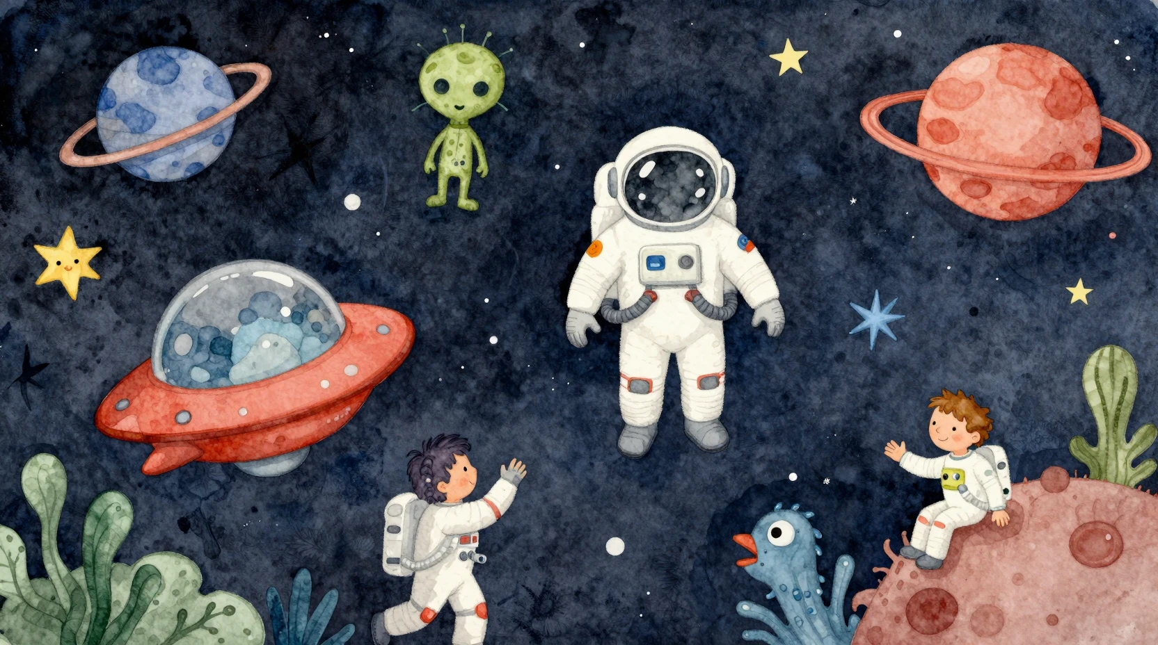 Whimsical watercolor astronauts exploring a surreal outer space