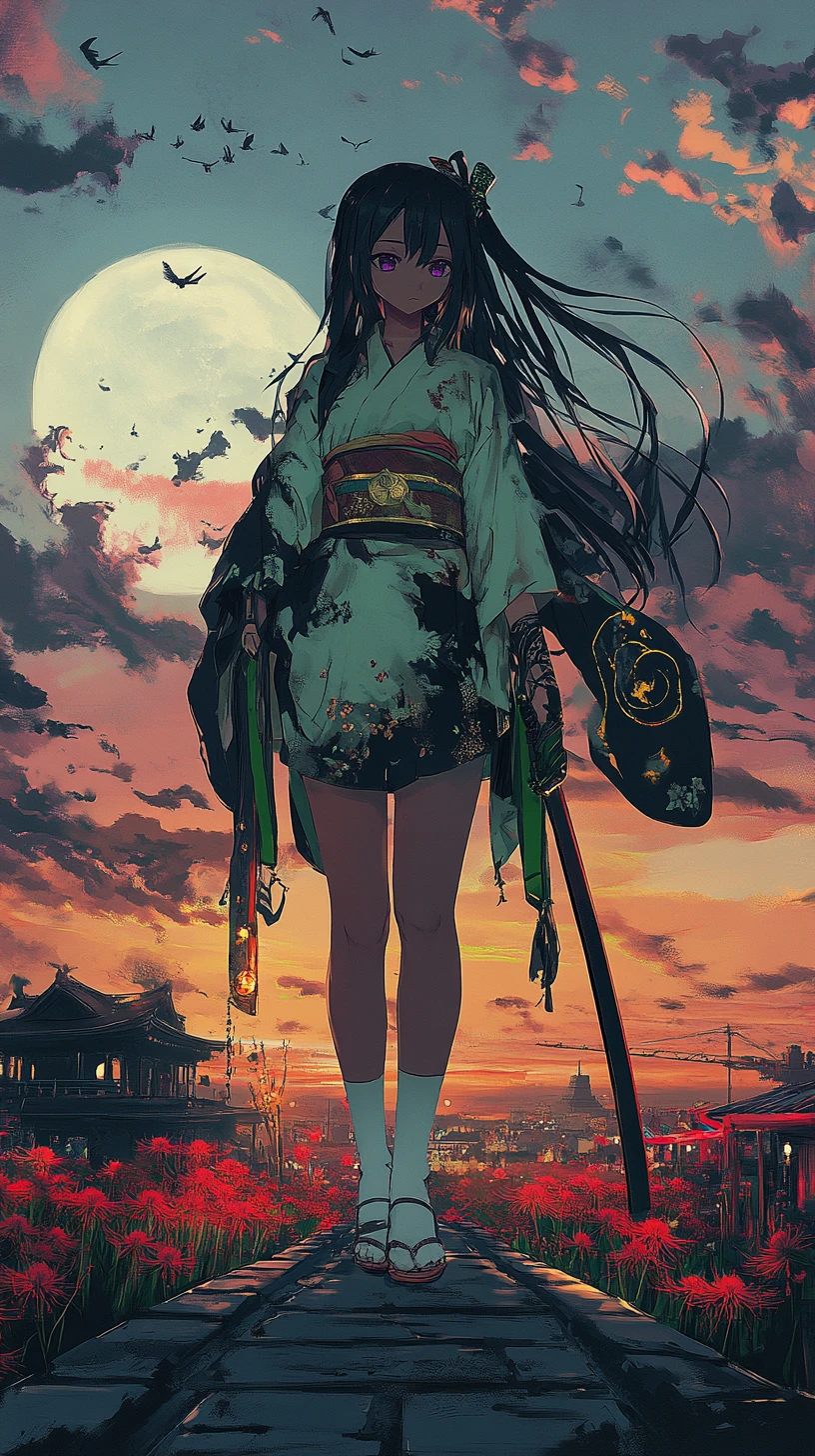 Fille d’anime avec katana sur un toit de carnaval nocturne