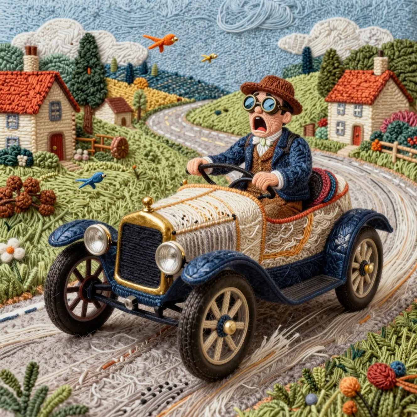 Textile vintage car racing through a quaint country village