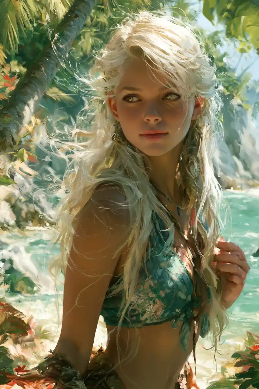 Mystical woman on tropical beach with turquoise sea