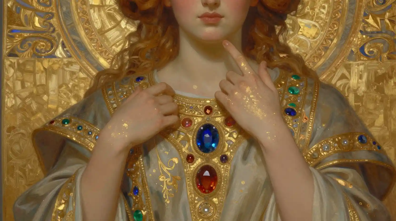 Figura maestosa che si fonde con un sontuoso arazzo dorato – ritratto