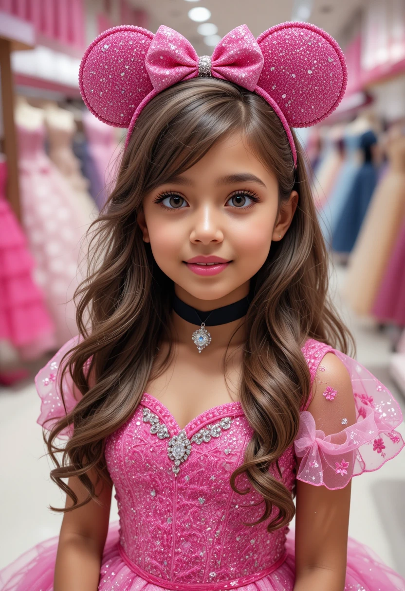 Young princess in a pink Minnie Mouse dress at boutique