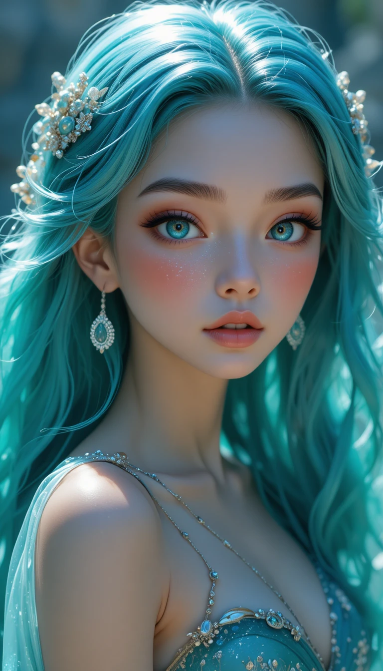 Graceful anime mermaid nymph woman with turquoise eyes