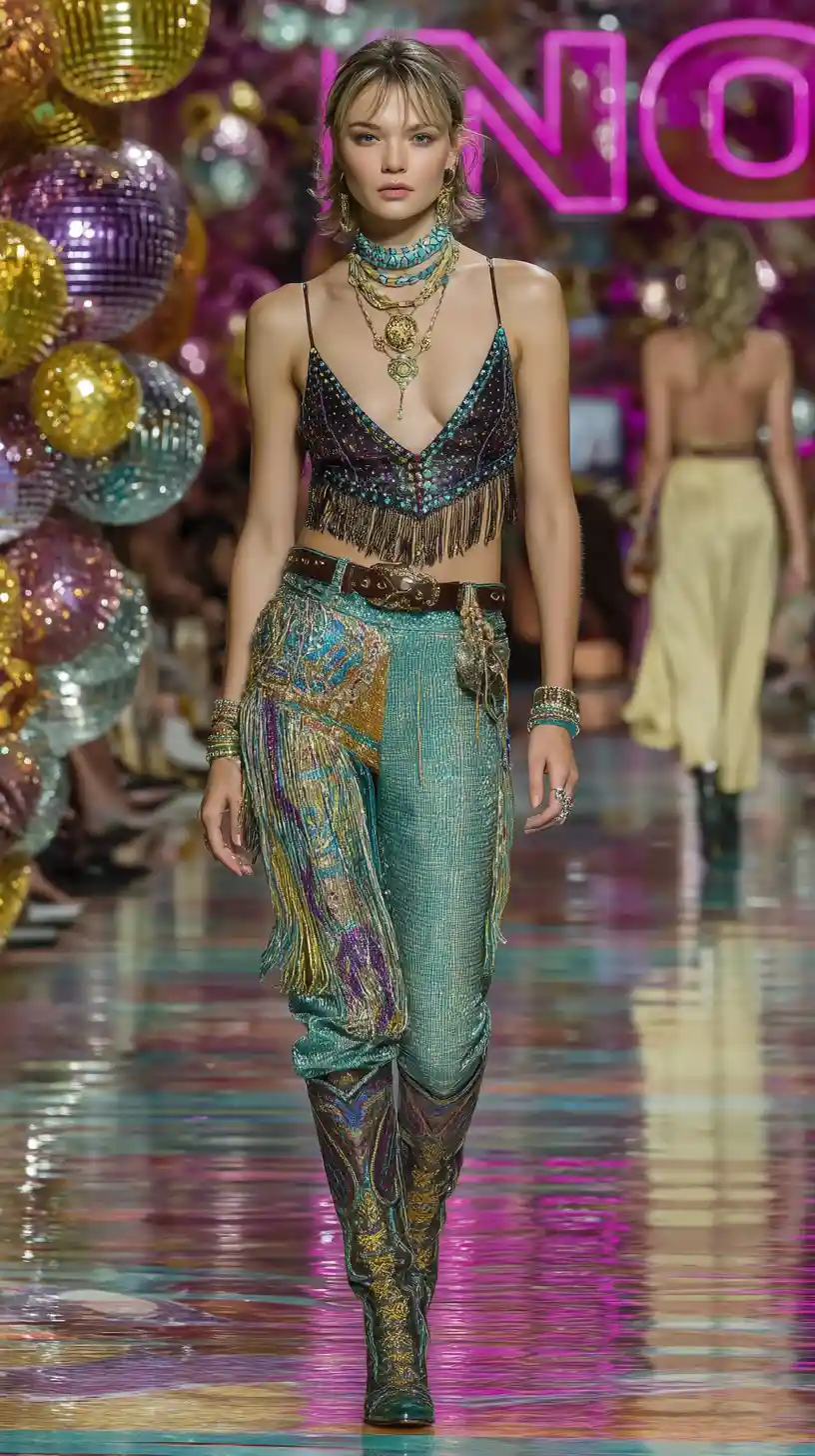Cowgirl couture models on neon desert runway