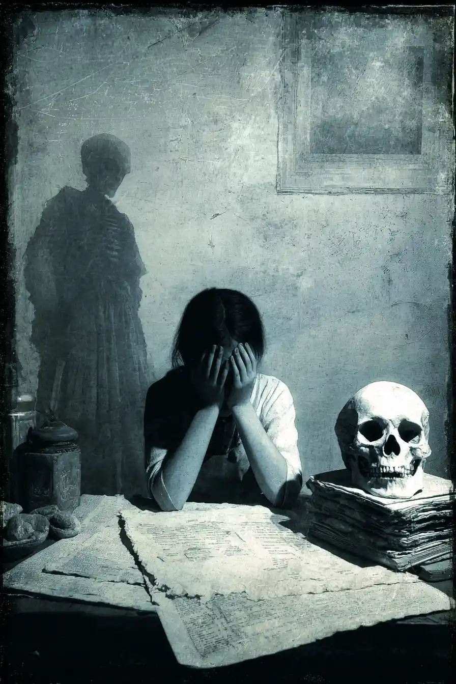 Young girl covering her face beside skull and skeletal figure
